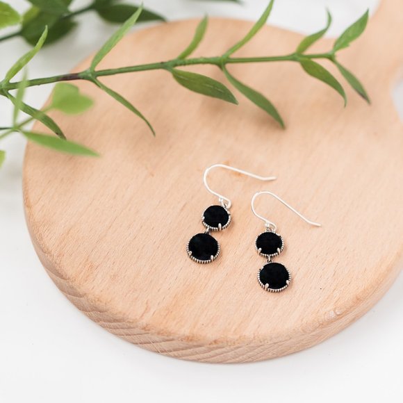 Recycled Antique Black Depression Glass Sterling Silver Double Take Earrings - Picture 2 of 5